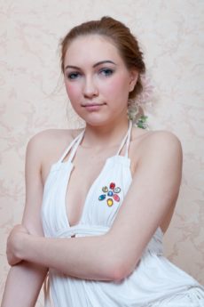 Cute hairy teen Sabrina puts on a naughty show in her white dress