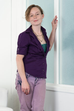 Natural strawberry blonde babe Ana Molly shows off her hairy pits and lovely quim - AnaMolly_PurpleSweatherPurplePants_002