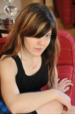 Cute hairy brunette Nicole lifts her short dress up