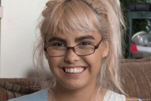 Super cute teen wearing glasses Candy Wallace hairy pussy upskirt shots